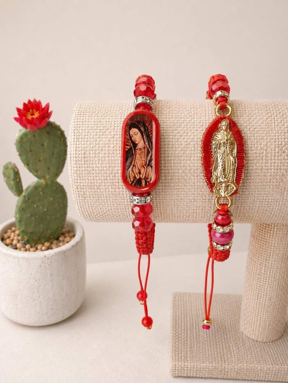 Women's 2pc Adjustable Lady of Guadalupe Braided Cord Bracelets Bundle Red